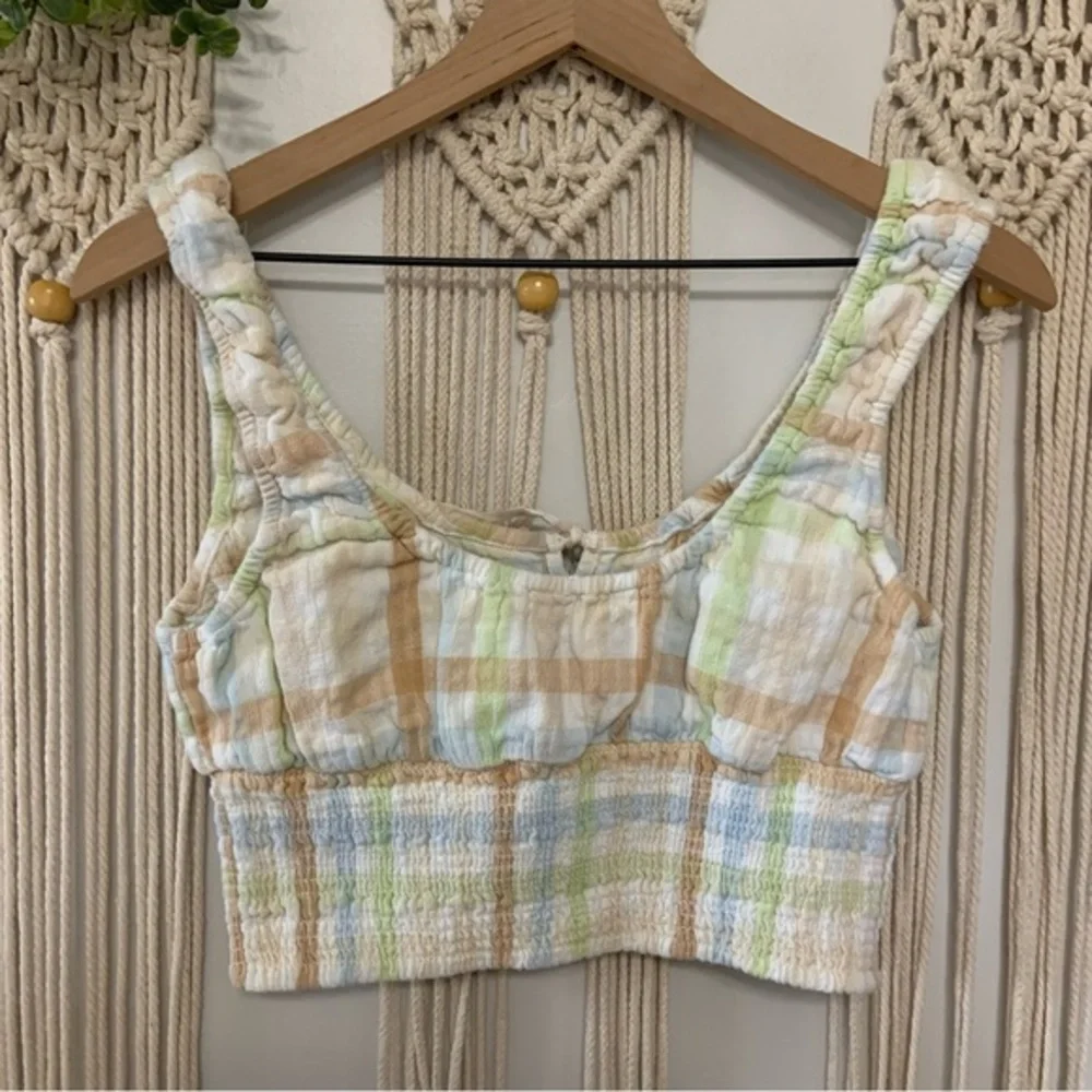AMERICAN EAGLE Cotton Linen Plaid Smock And Roll‎ Tie Front Smocked Top Medium - Picture 5 of 10